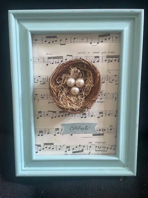 Framed Nest with Pearl Eggs and Celebrate Ribbon 