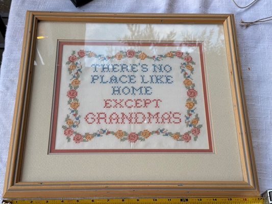 Vintage Framed Floral Cross-Stitch Sampler – "There's No Place Like Home Except Grandma's"