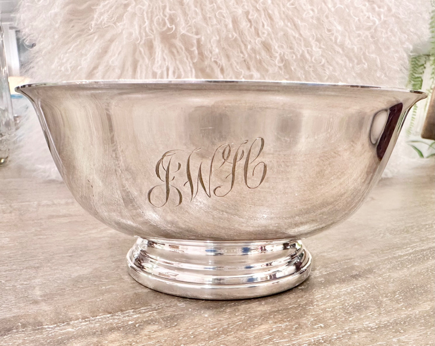 Paul Revere style silver bowl w/script monogram 