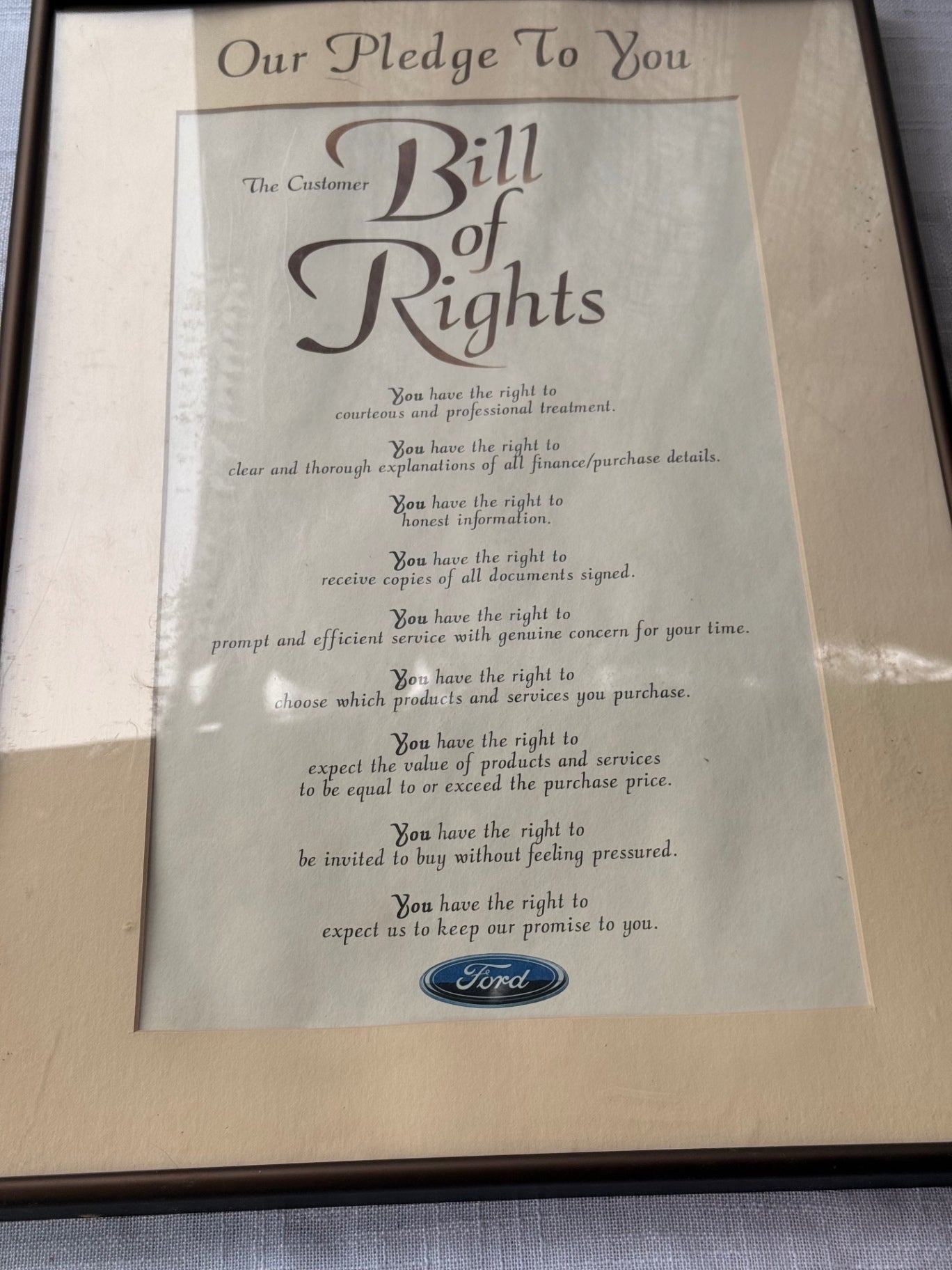 Vintage Framed Ford "Customer Bill of Rights" Dealership Display Sign