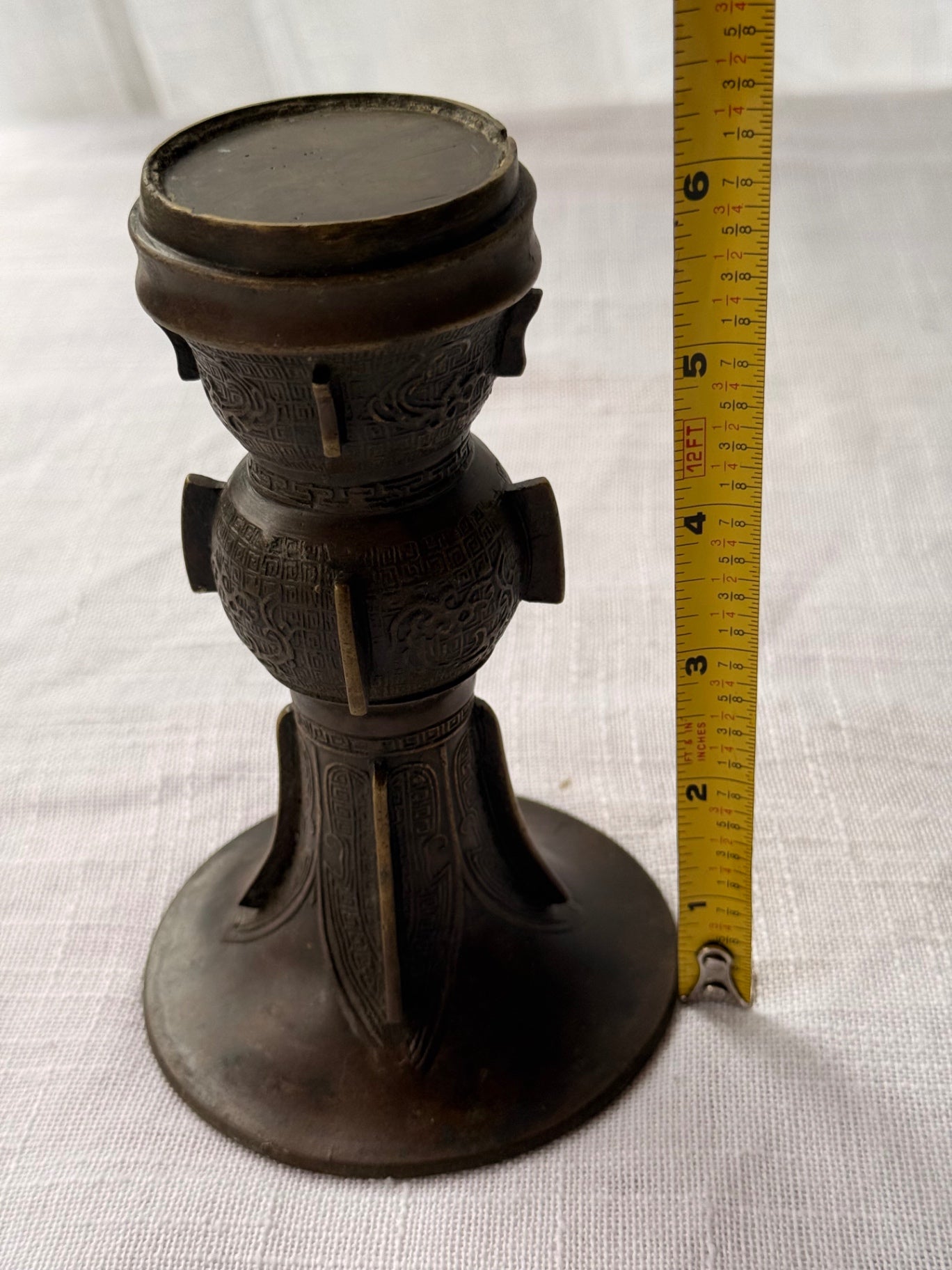 Vintage Heavy Bronze Archaic Ritual Gu Beaker Vase / Candlestick - Chinese Taotie Motifs - 6.25"