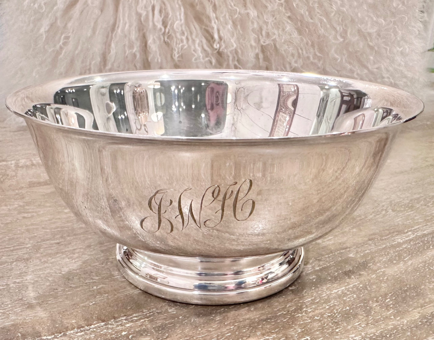 Paul Revere style silver bowl w/script monogram 