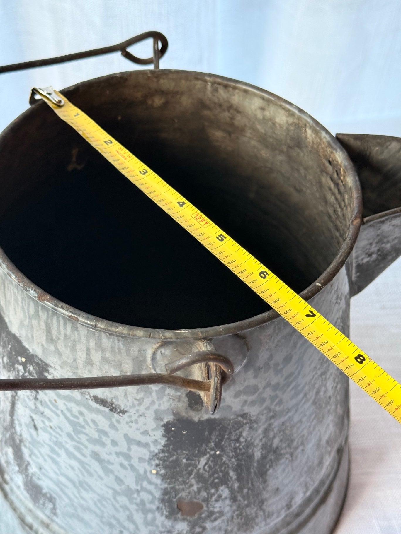 Vintage Mottled Gray Enamelware Pitcher / Syrup Kettle with Bail Handle