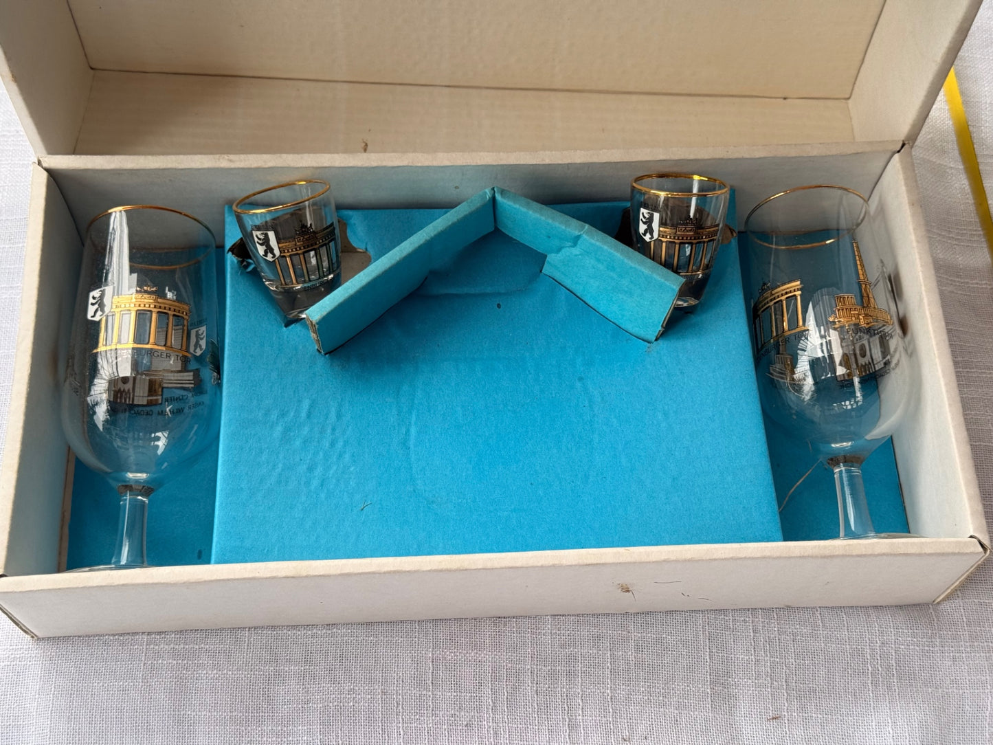 Vintage Berlin Souvenir Goblet & Schnapps Shot Glass Set in Original Box - Gold Trim Brandenburg Gate
