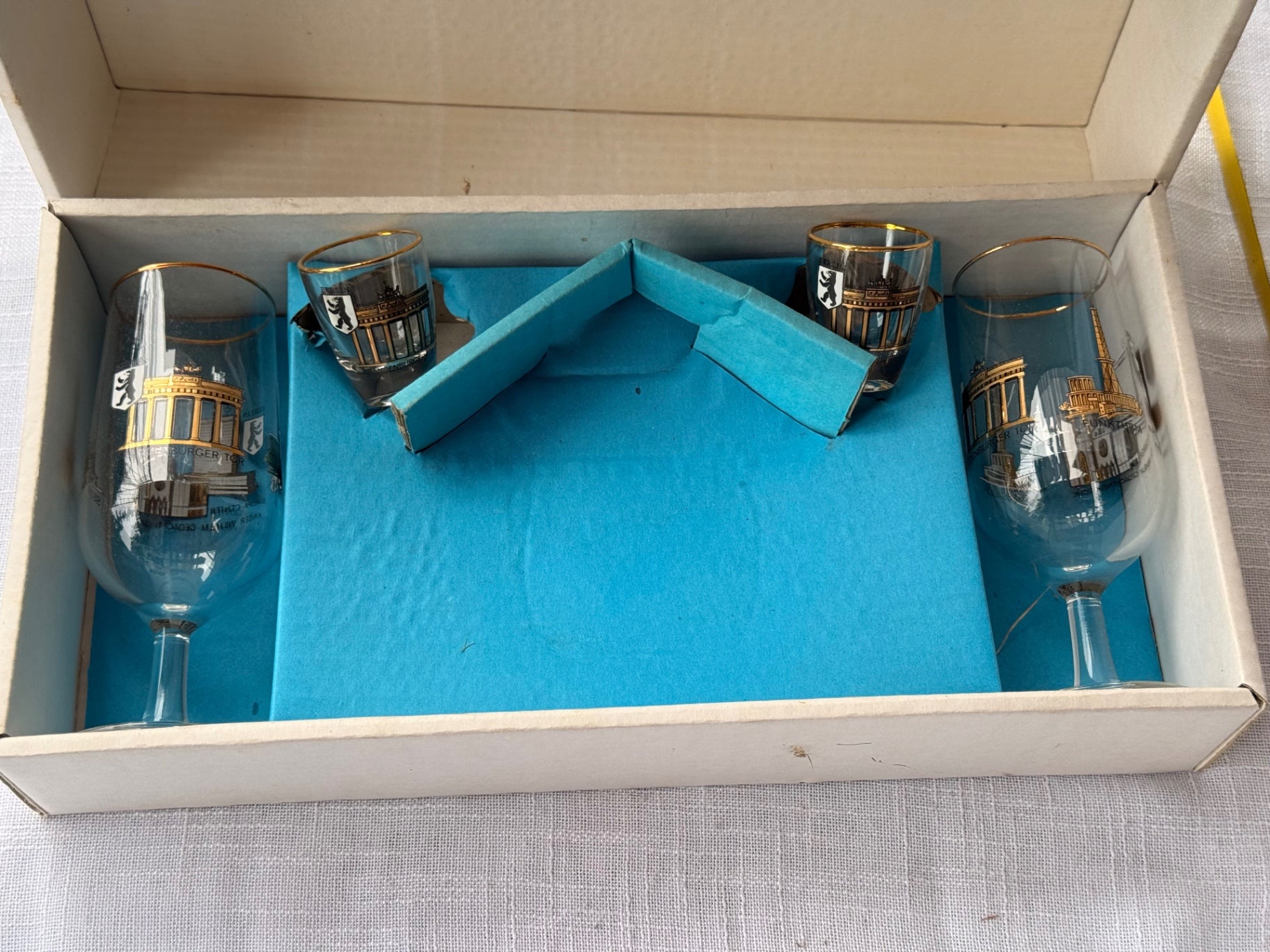 Vintage Berlin Souvenir Goblet & Schnapps Shot Glass Set in Original Box - Gold Trim Brandenburg Gate