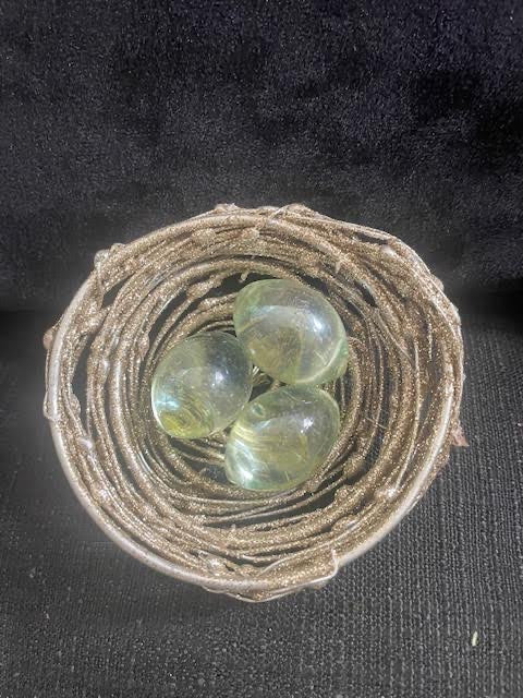 Glittered Nest with 3 Glass Eggs 