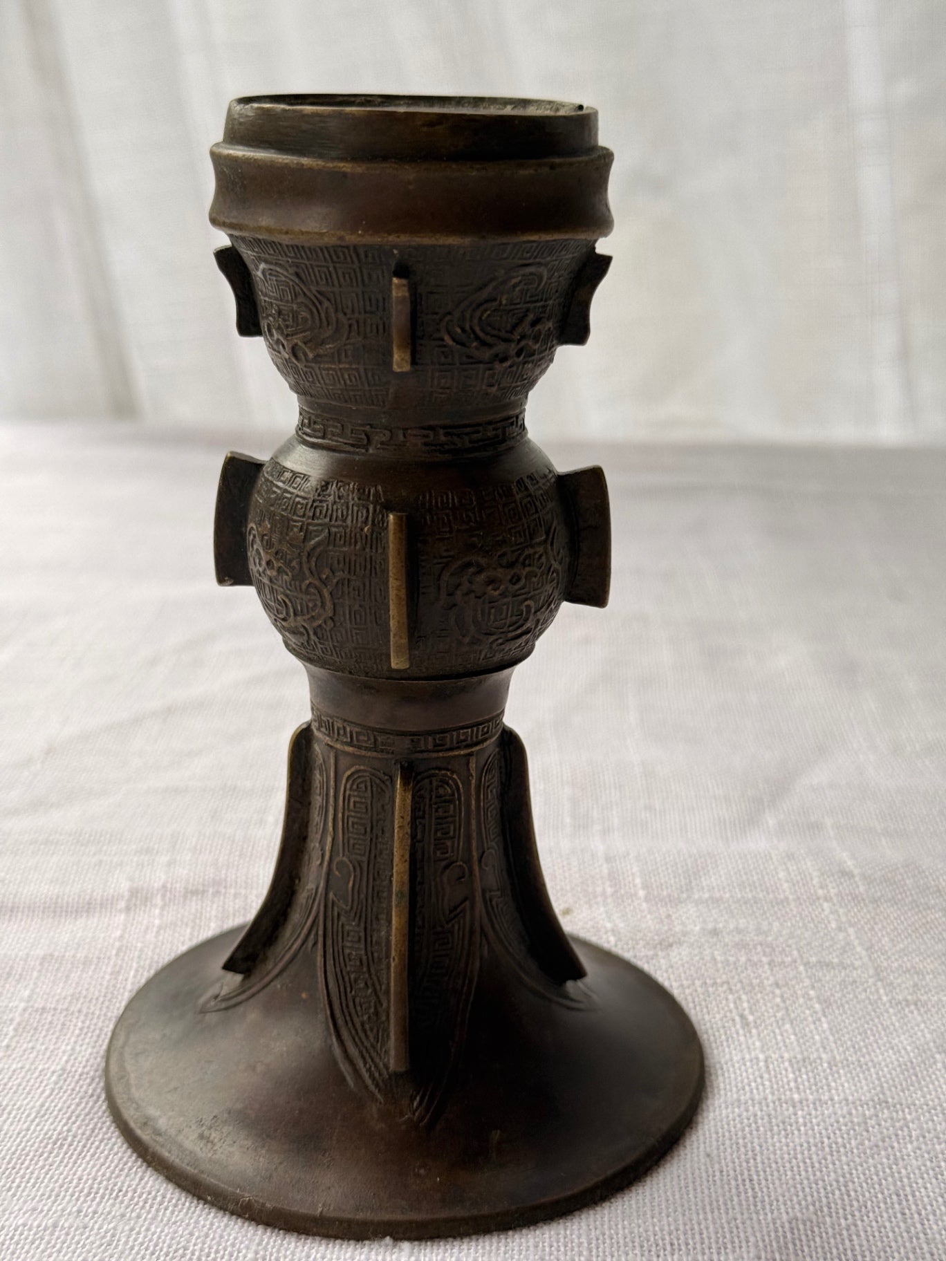 Vintage Heavy Bronze Archaic Ritual Gu Beaker Vase / Candlestick - Chinese Taotie Motifs - 6.25"