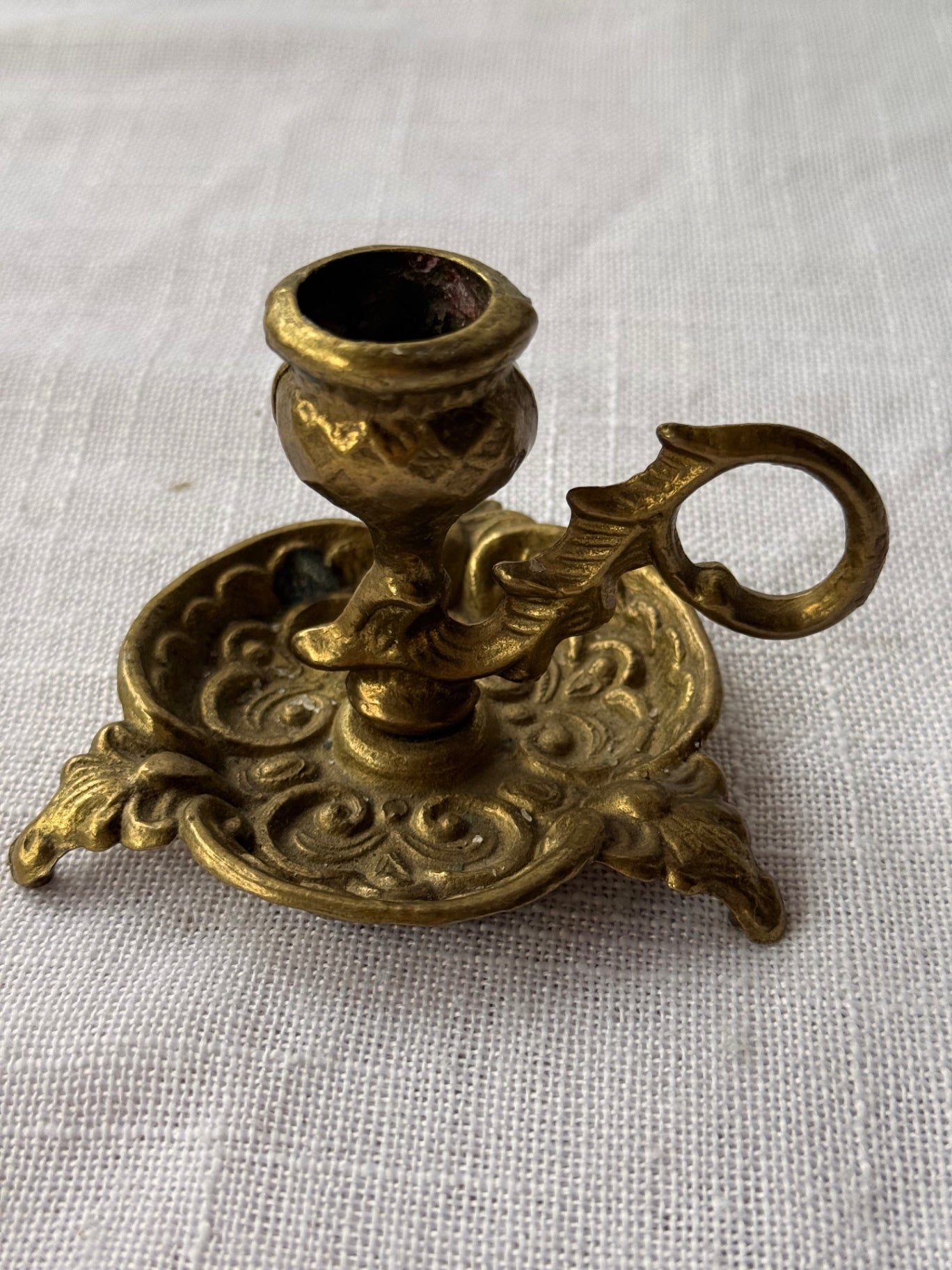 Vintage Ornate Miniature Brass Chamberstick Candlestick Holder with Ring Handle