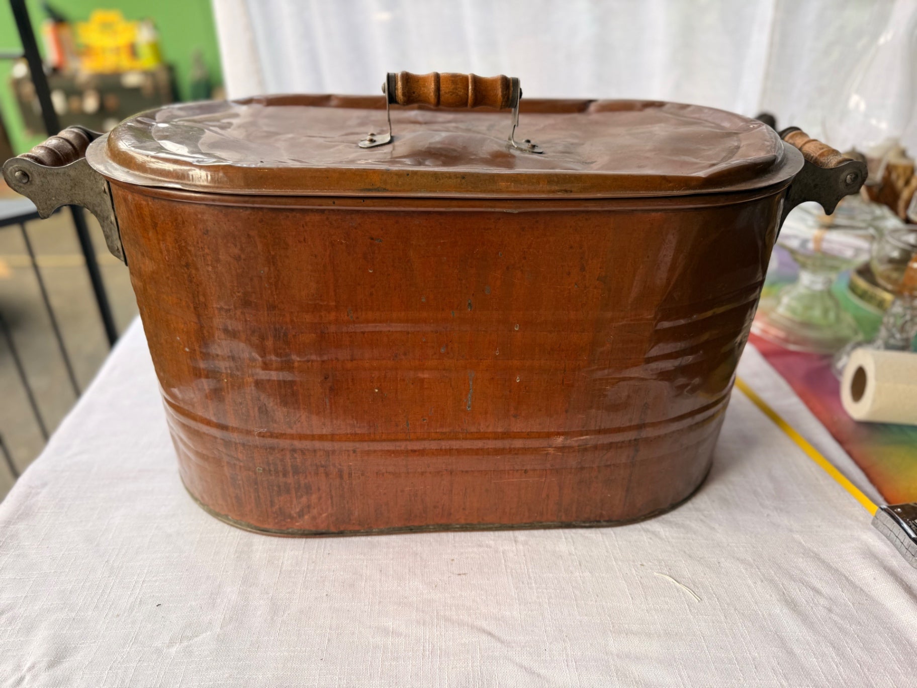 Vintage Large Copper Wash Boiler - Antique Farmhouse Laundry Tub with Lid & Wood Handles