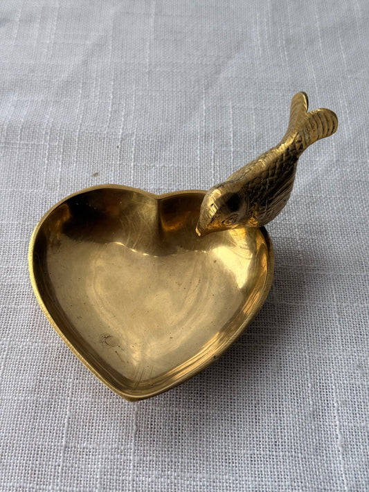 Vintage Solid Brass Heart-Shaped Trinket Dish with Figural Bird Catch-All