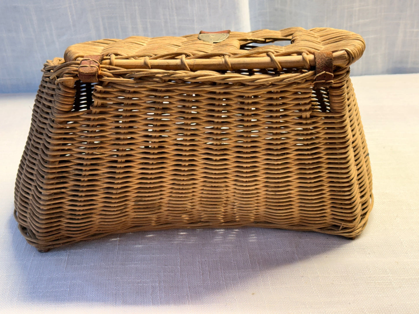 Vintage Woven Split Willow Fishing Creel with Embossed Fish Metal Hardware & Leather Strap