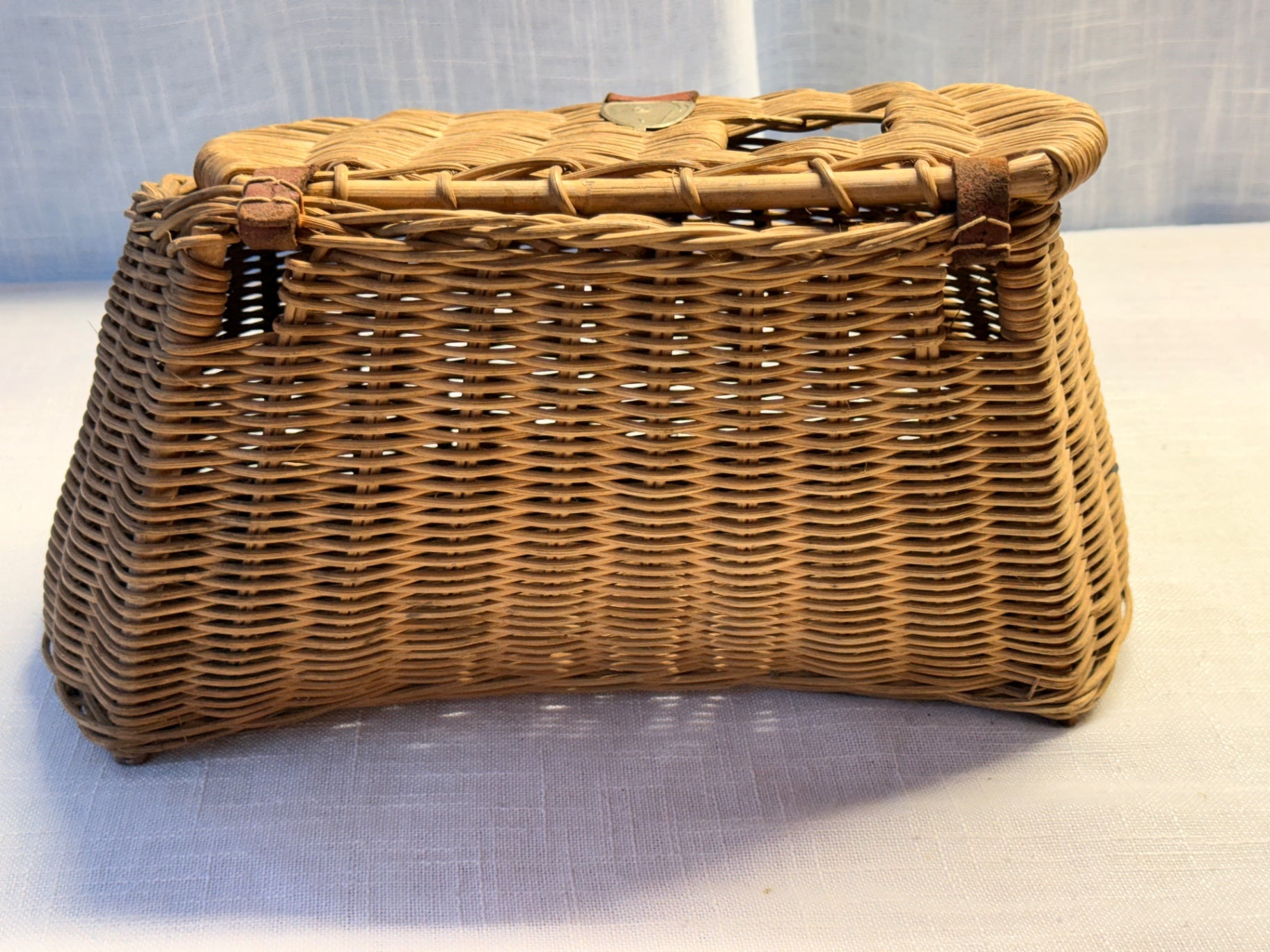 Vintage Woven Split Willow Fishing Creel with Embossed Fish Metal Hardware & Leather Strap