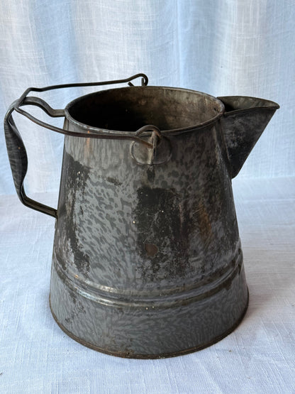 Vintage Mottled Gray Enamelware Pitcher / Syrup Kettle with Bail Handle
