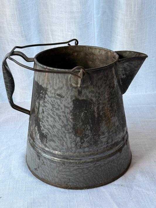 Vintage Mottled Gray Enamelware Pitcher / Syrup Kettle with Bail Handle