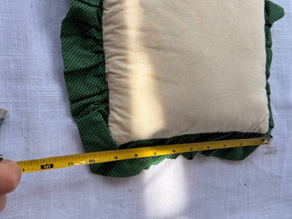 Vintage Quilted Songbirds Accent Pillow with Forest Green Polka Dot Ruffled Trim