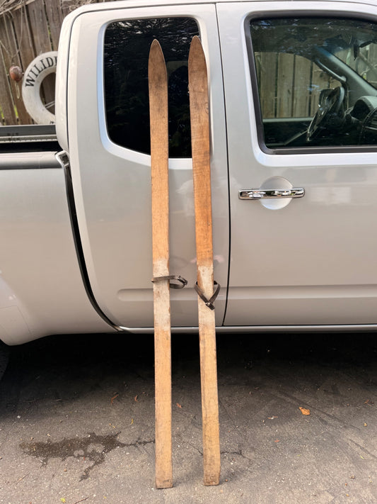 Vintage Wooden Snow Skis - Antique Solid Wood Slalom Skis with Original Leather Bindings