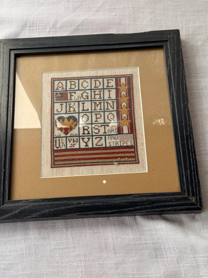 Vintage Framed Patriotic Alphabet Sampler Cross Stitch "Stars and Stripes" (2001)