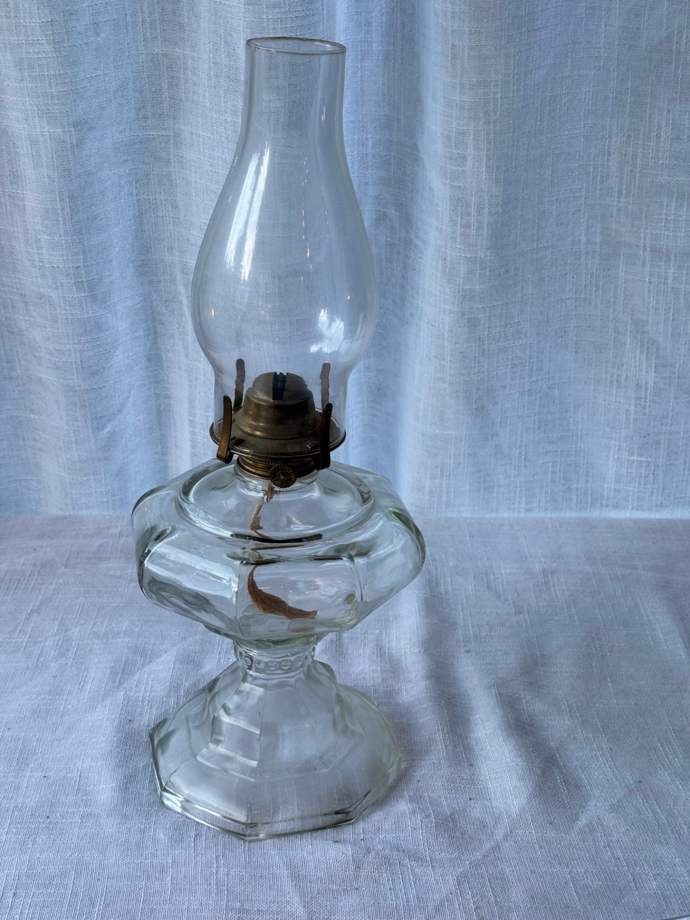 Vintage Clear Pressed Glass Kerosene Oil Lamp with Glass Chimney & Brass Burner