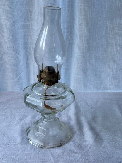 Vintage Clear Pressed Glass Kerosene Oil Lamp with Glass Chimney & Brass Burner