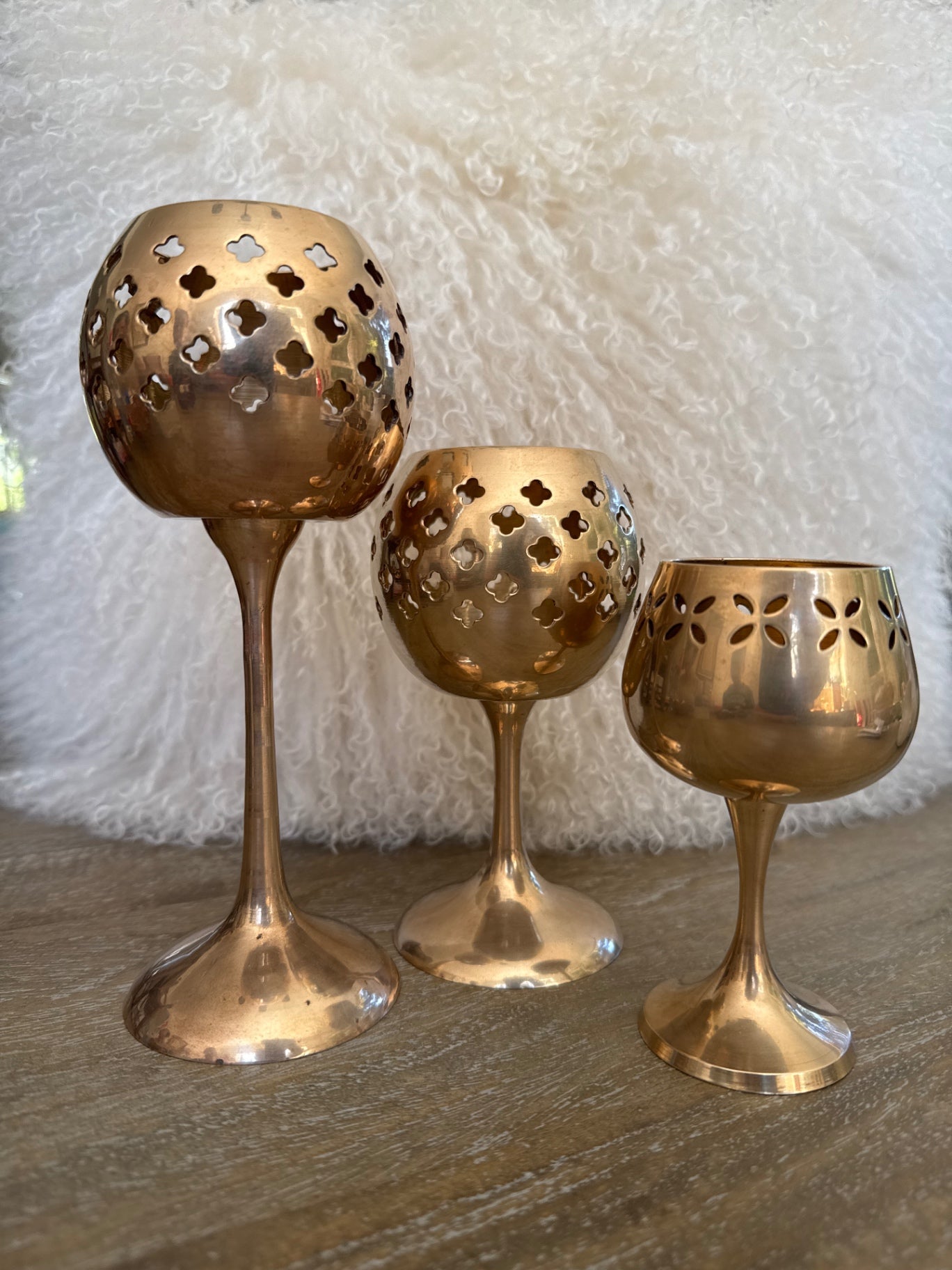 Trio brass vintage goblet votive candle holder 