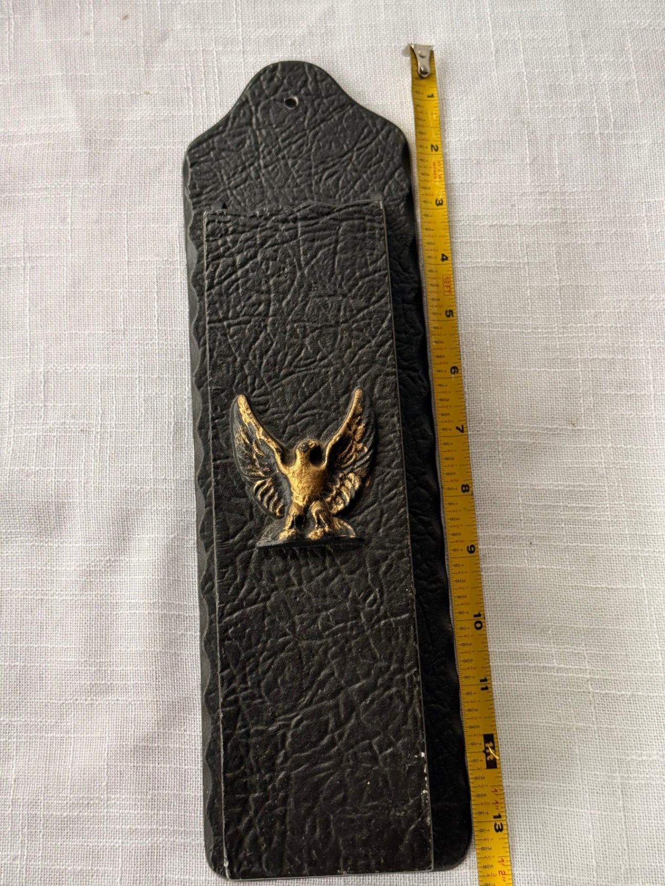 Vintage Black Faux Leather Wall Pocket with Brass Eagle Motif