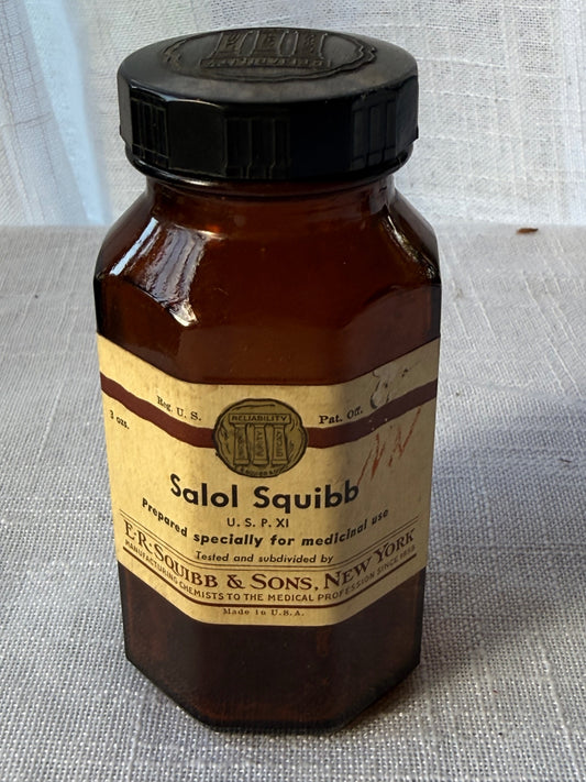 Vintage 1930s E.R. Squibb & Sons Amber Glass Pharmacy Bottle – Salol U.S.P. XI (3 oz.)