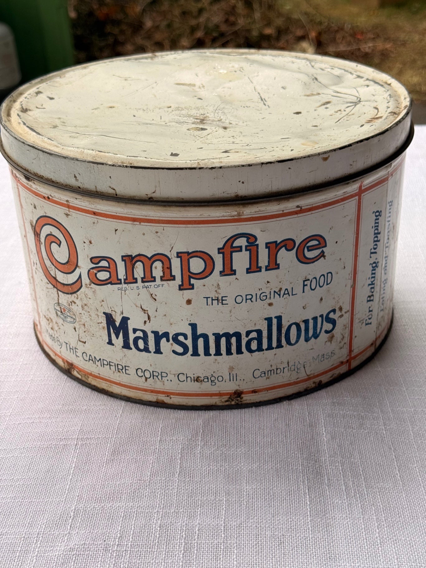 Vintage 1920s Campfire Marshmallows 5lb Tin Canister – Original 10” Antique Advertising