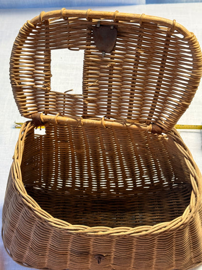Vintage Woven Split Willow Fishing Creel with Embossed Fish Metal Hardware & Leather Strap