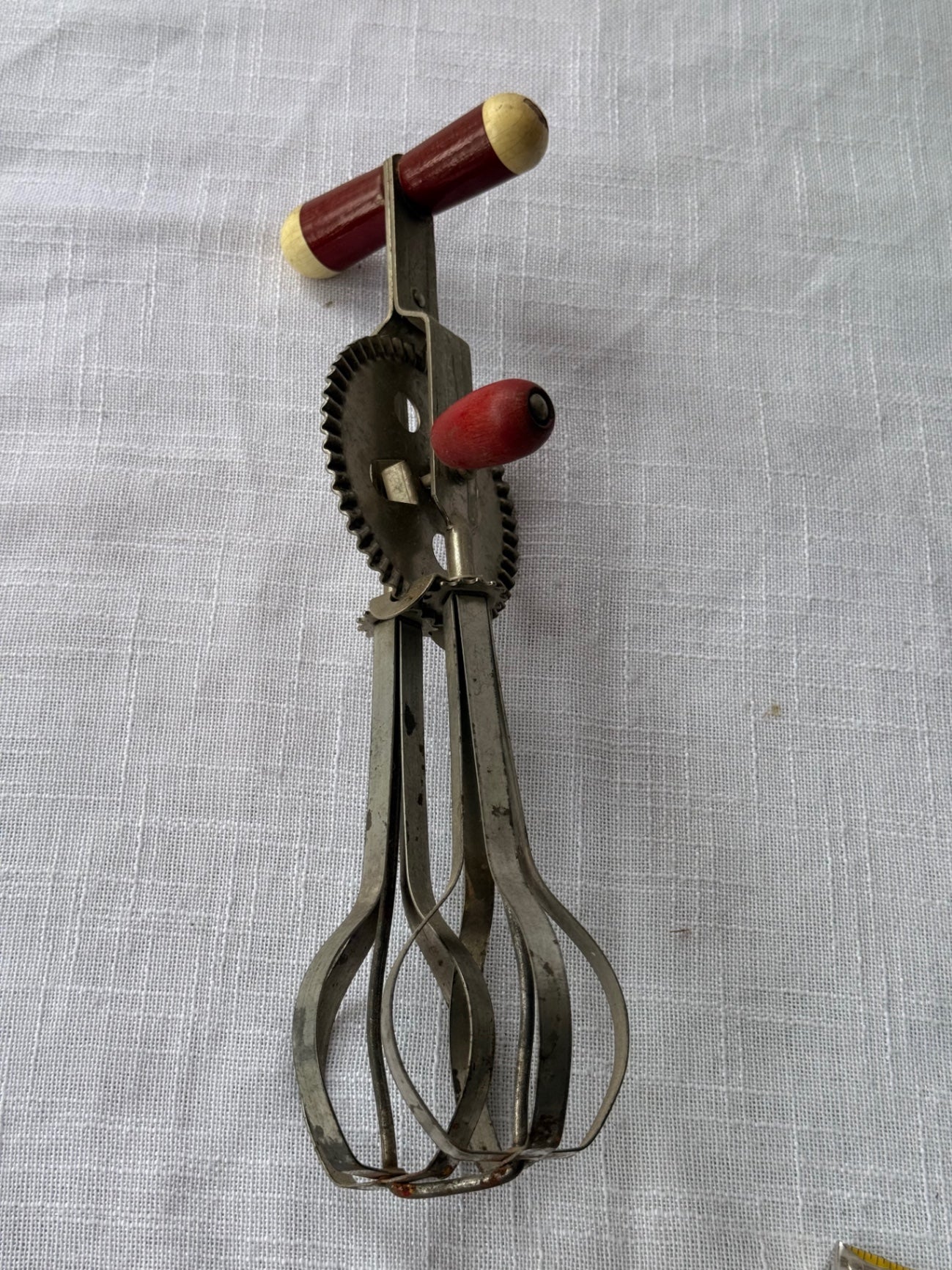 Vintage Rotary Hand Egg Beater Mixer with Red and Cream Wooden Handles