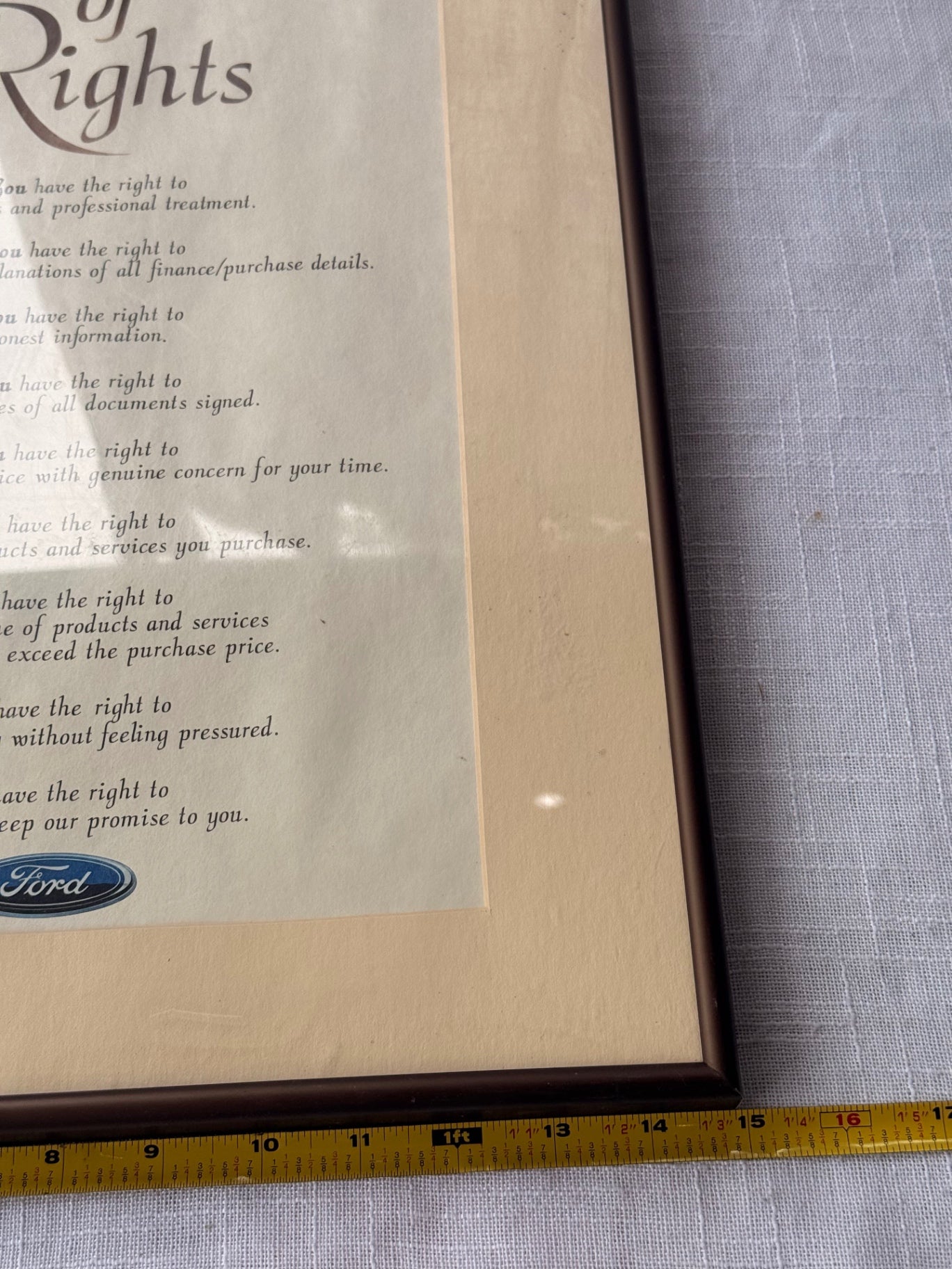Vintage Framed Ford "Customer Bill of Rights" Dealership Display Sign