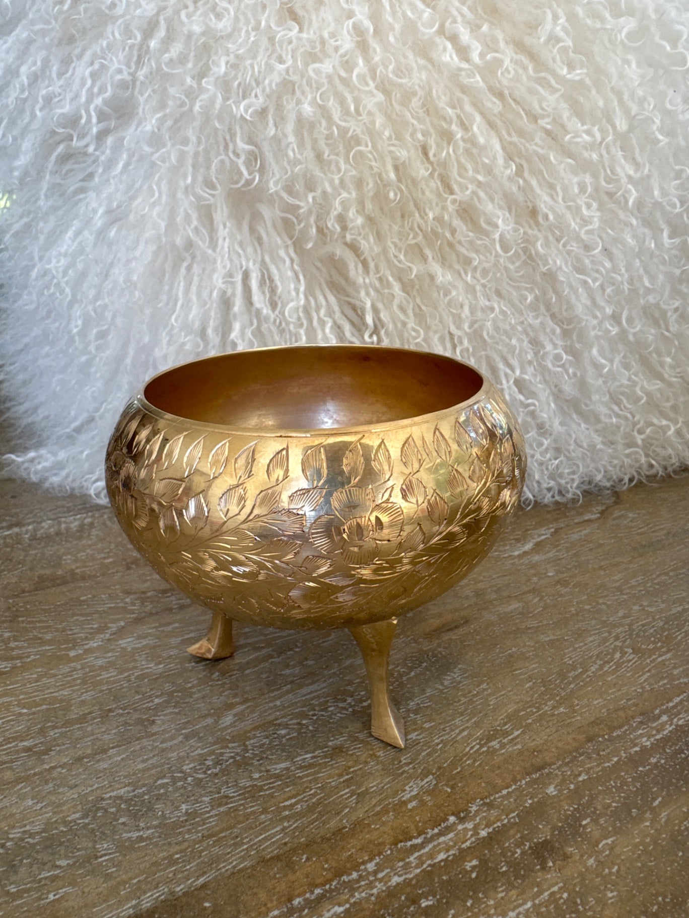Mid- century hand etched Indian brass footed vessel c. 1960’s