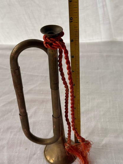 Vintage Miniature Brass Bugle Horn with Braided Red Cord and Tassels