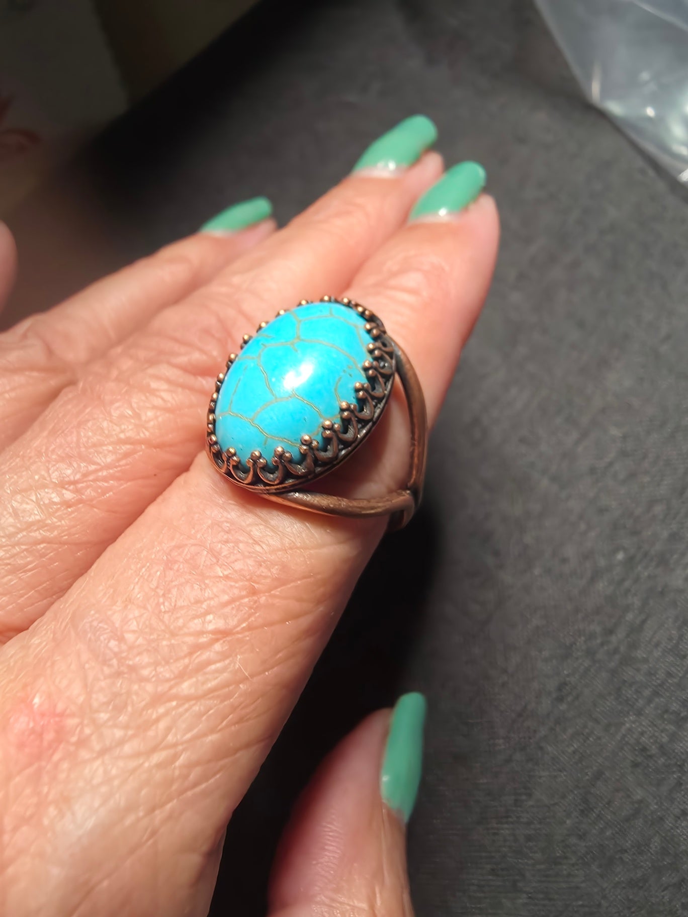14r turquoise set in copper ring