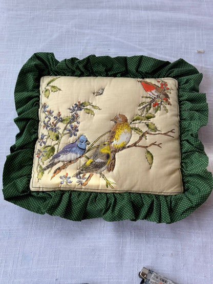 Vintage Quilted Songbirds Accent Pillow with Forest Green Polka Dot Ruffled Trim