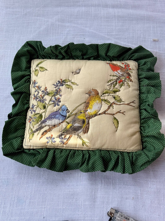 Vintage Quilted Songbirds Accent Pillow with Forest Green Polka Dot Ruffled Trim