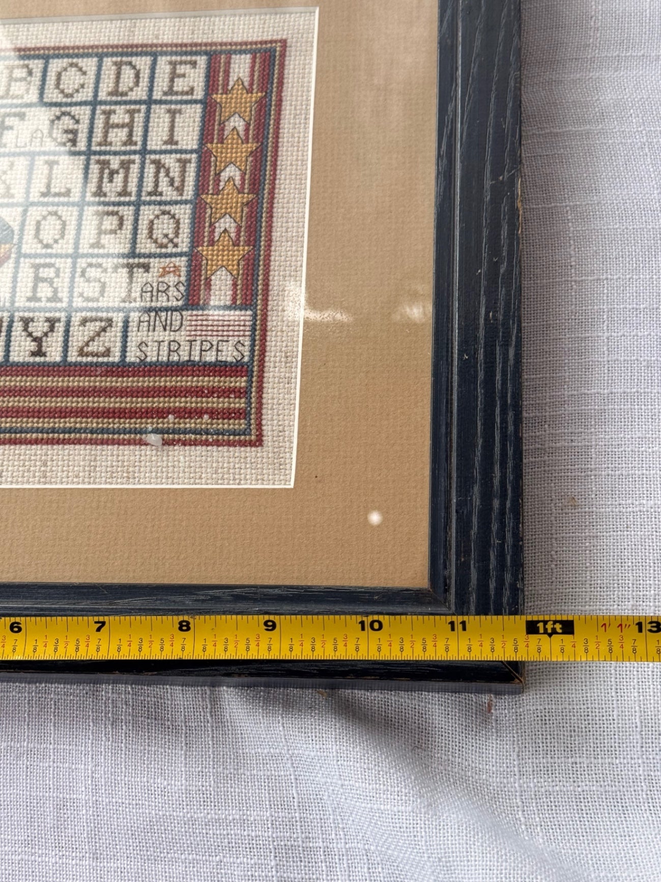 Vintage Framed Patriotic Alphabet Sampler Cross Stitch "Stars and Stripes" (2001)