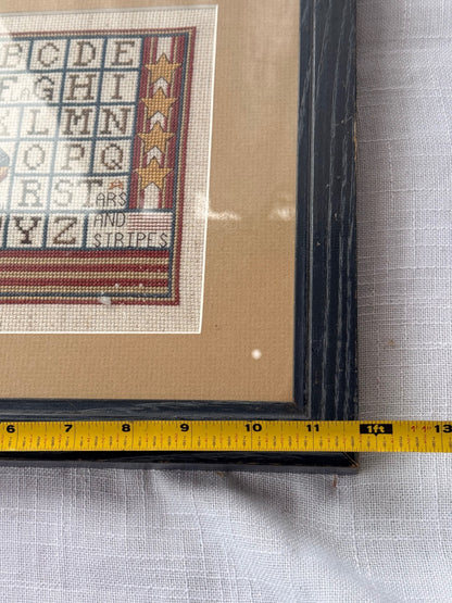 Vintage Framed Patriotic Alphabet Sampler Cross Stitch "Stars and Stripes" (2001)