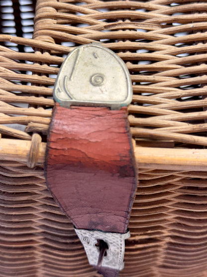 Vintage Woven Split Willow Fishing Creel with Embossed Fish Metal Hardware & Leather Strap