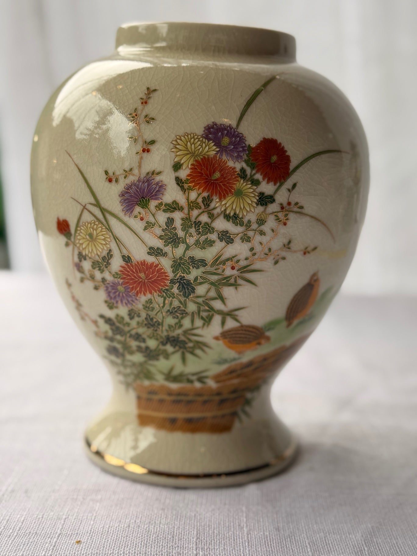 Vintage Japanese Craquelure Crackle Glaze Ceramic Vase - Chrysanthemum & Quail Hand-Painted Gold Trim