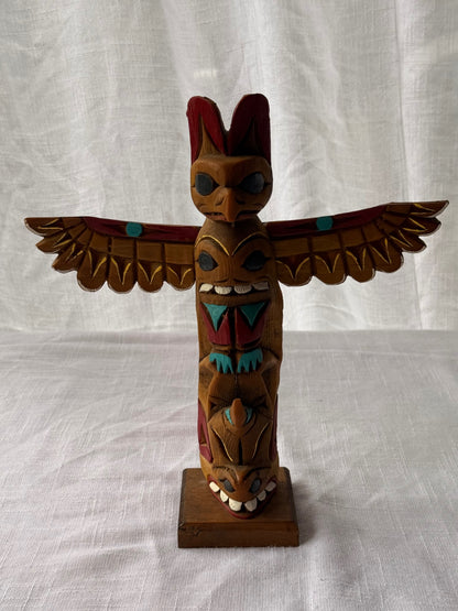 Vintage 12" Hand-Carved Wooden Totem Pole - Traditional Native Arts Alaska