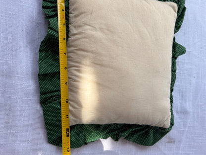Vintage Quilted Songbirds Accent Pillow with Forest Green Polka Dot Ruffled Trim
