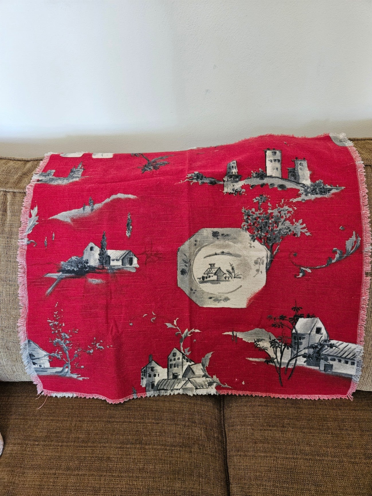 Vintage red cotton/linen scarf Chinoiserie 12 x 13