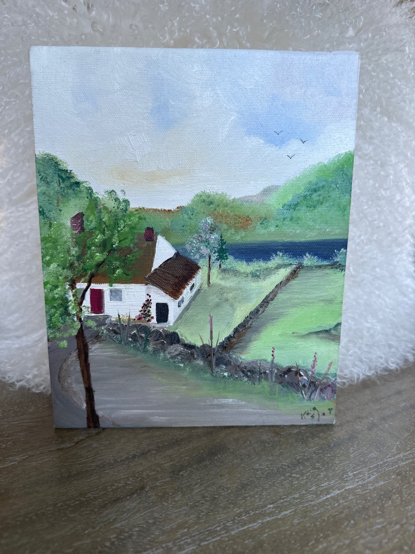 Original painting, white cottage at the river