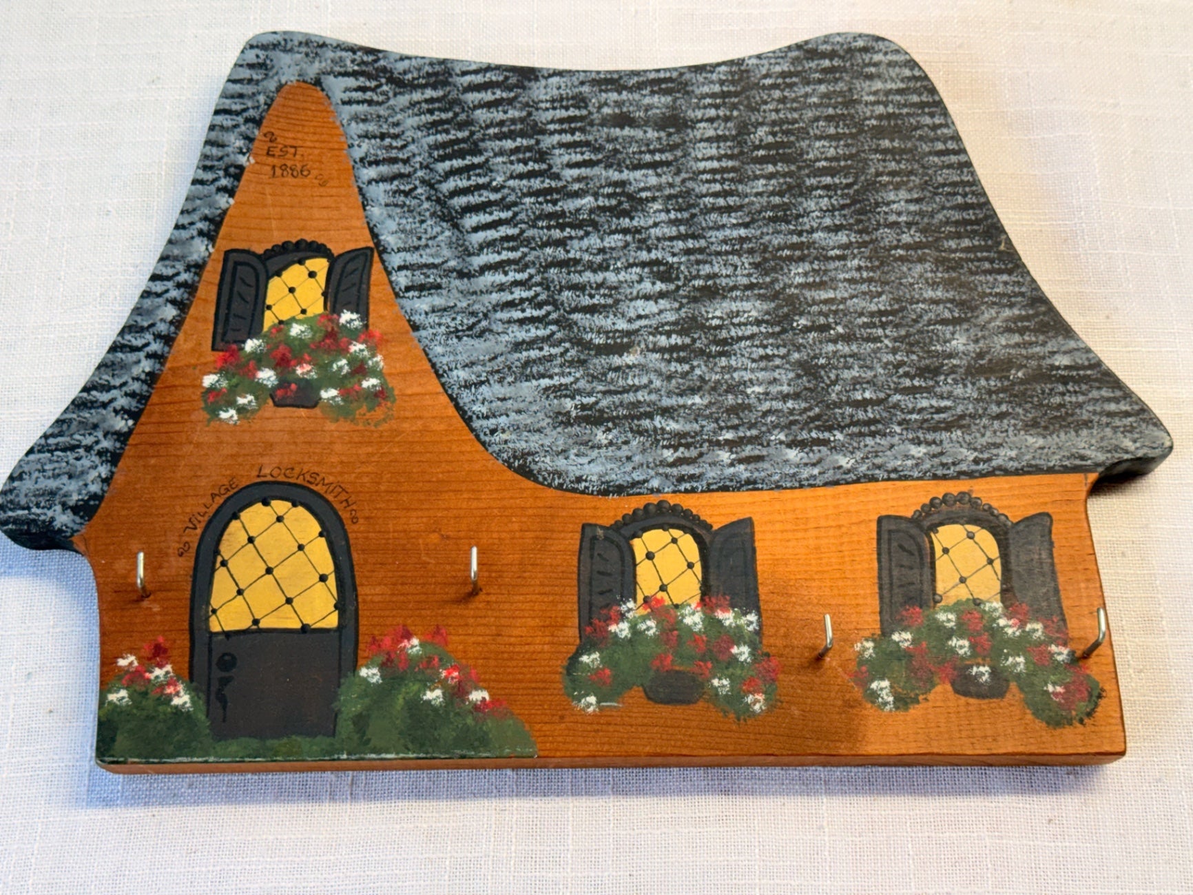 Vintage Hand-Painted Wooden "Village Locksmith" Cottage Key Holder