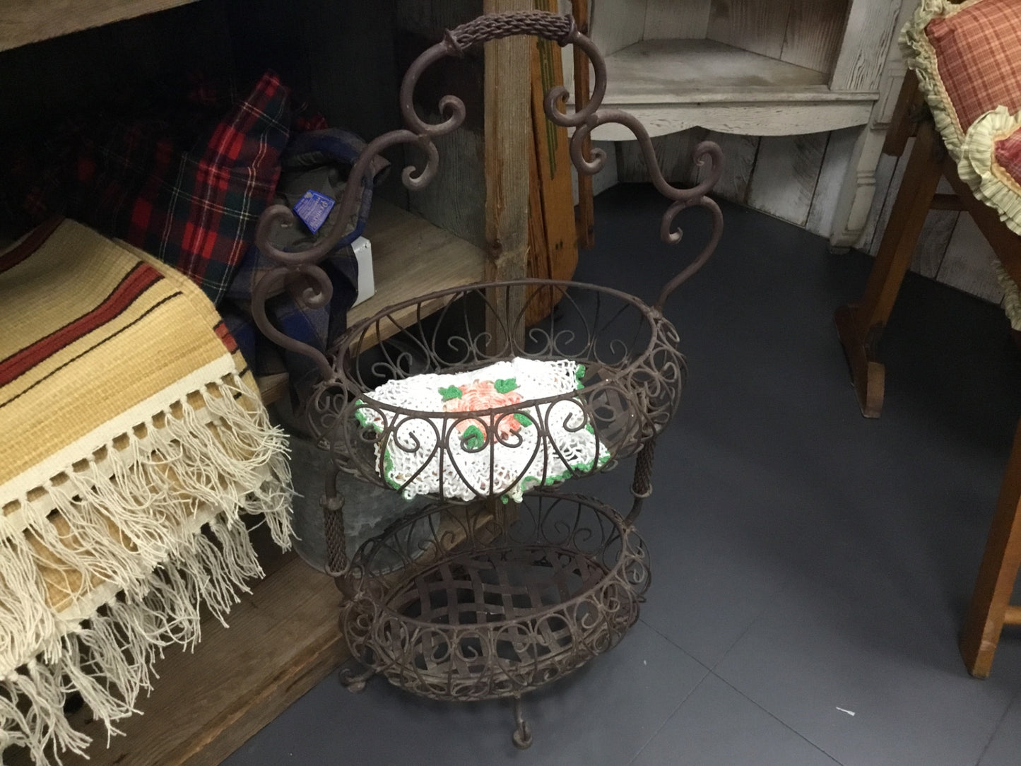 French, antique, metal double basket w/ handle