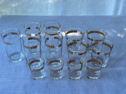 Vintage MCM Clear Glass Gold Stripe Barware Set – Highballs, Rocks & Shot Glasses