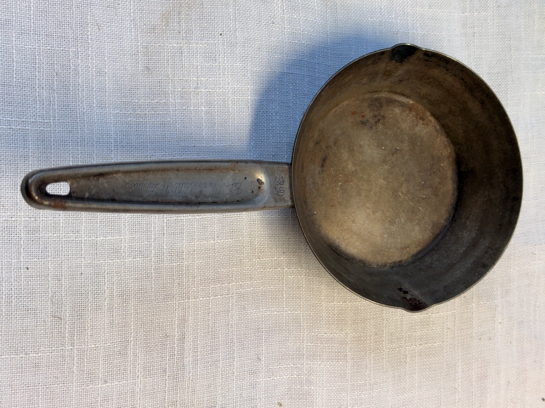 Vintage Cold-Rolled Steel Saucepan / Camp Pan #39 | Dual Pour Spouts & Engraved Handle