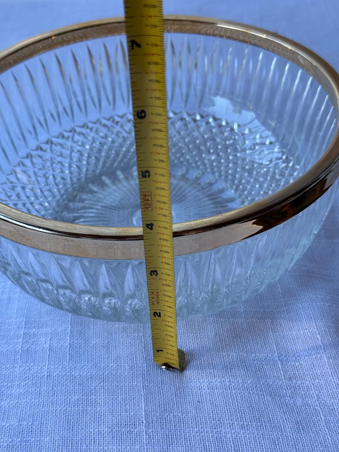 Vintage Clear Cut Glass Salad & Fruit Serving Bowl with Gold Trim Rim