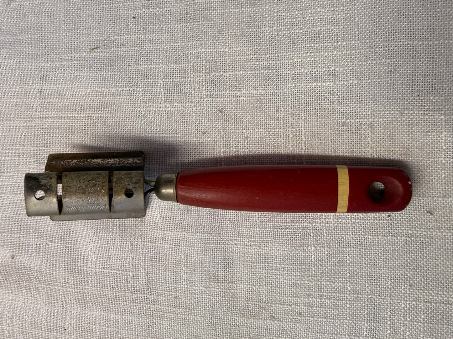 Vintage Handheld Rotary Disc Knife Sharpener | Red Painted Wood Handle with Cream Stripe