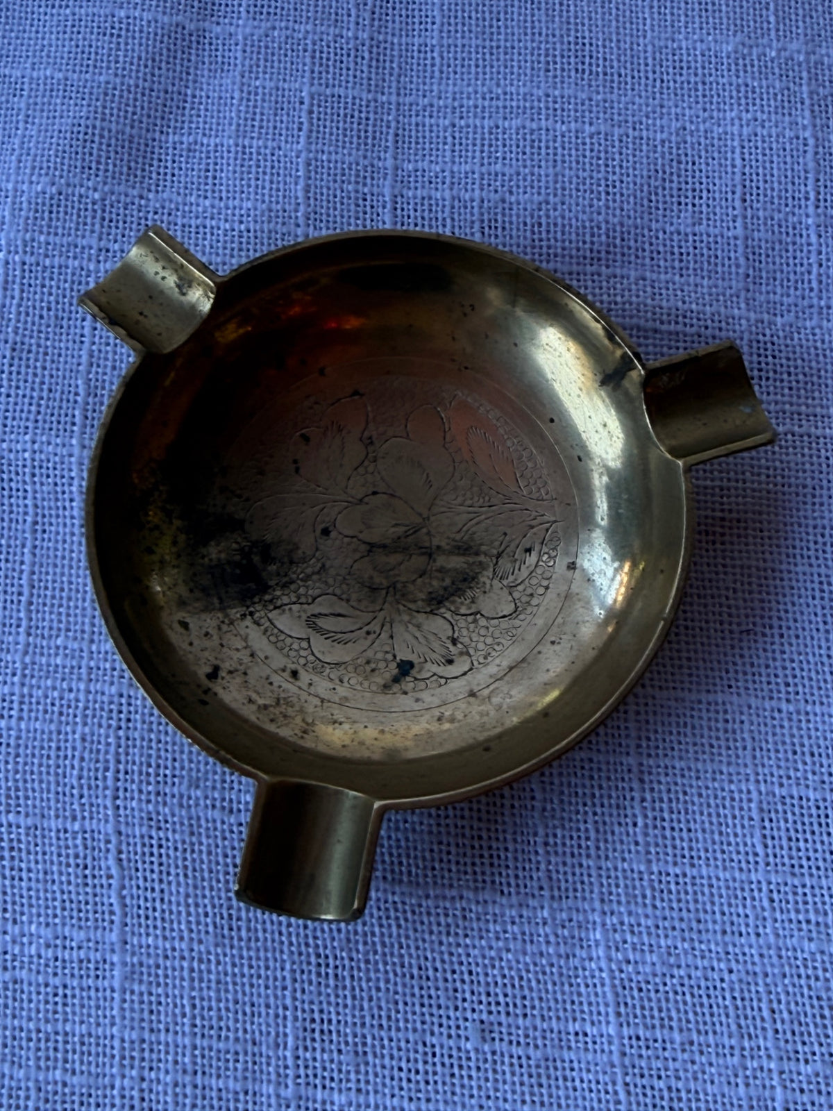 Vintage Solid Brass Engraved Floral Ashtray / Trinket Catchall Dish